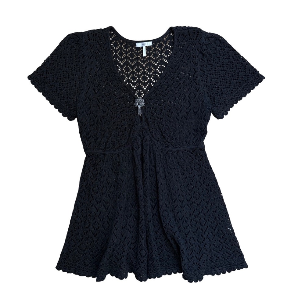 Black Crochet Knit Babydoll Top Rhinestone Flower Brooch Vintage L y2k boho